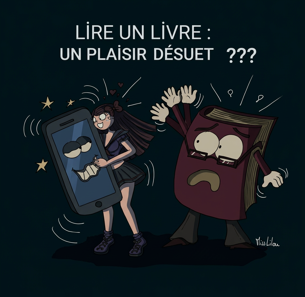 Schwarz-weiße Karikatur: Ein Mädchen küsst ein Smartphone, während ein erschrecktes Buch daneben steht. Darüber steht: „Lire un livre : un plaisir dés